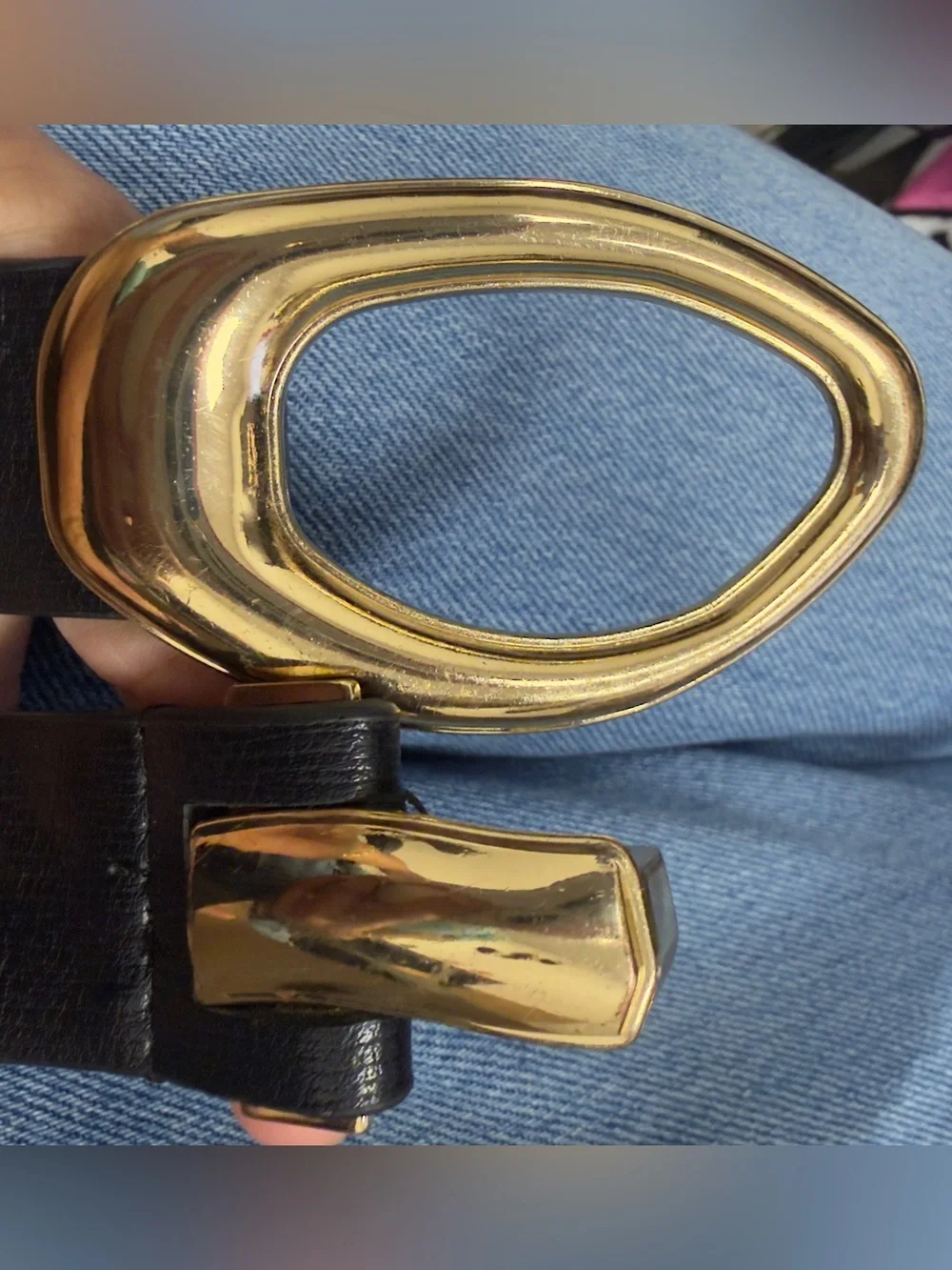 Chico’s Black Genuine Leather Belt M/L Adjustable Gold Statement Buckle